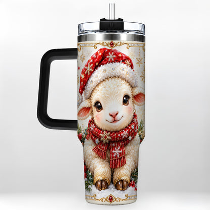#pl[40oz|Black] Jeweled Christmas Lamb 40oz Tumbler with Handle, Ruby Holiday Sheep