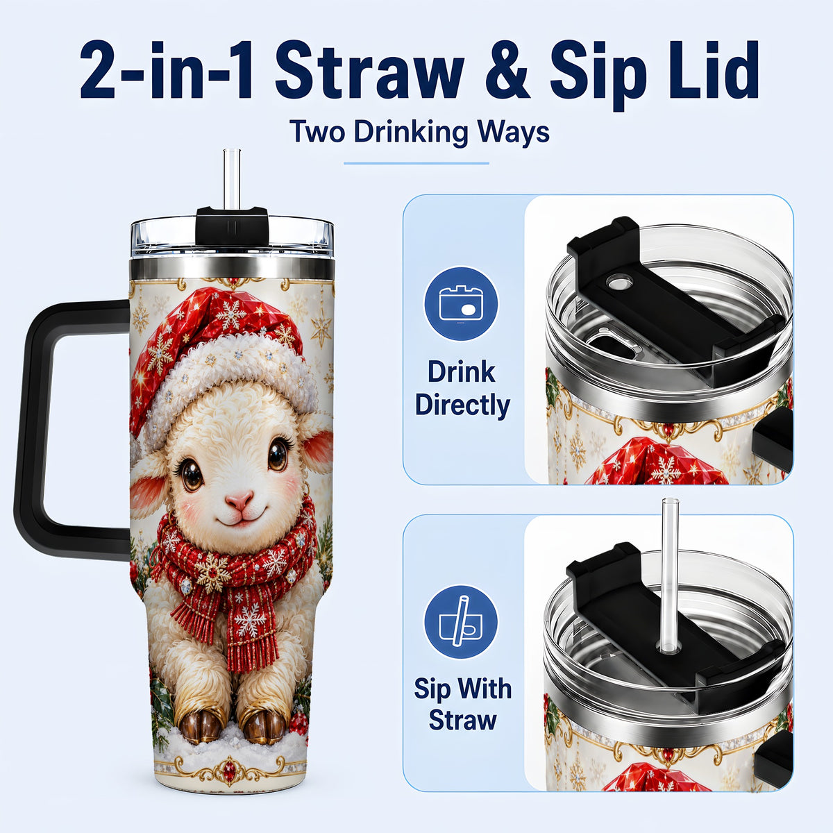 #pl[40oz|Black] Jeweled Christmas Lamb 40oz Tumbler with Handle, Ruby Holiday Sheep