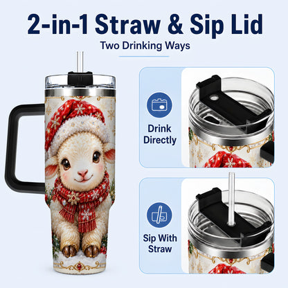 #pl[40oz|Black] Jeweled Christmas Lamb 40oz Tumbler with Handle, Ruby Holiday Sheep