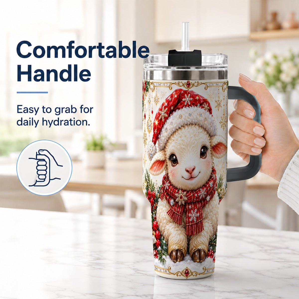#pl[40oz|Black] Jeweled Christmas Lamb 40oz Tumbler with Handle, Ruby Holiday Sheep