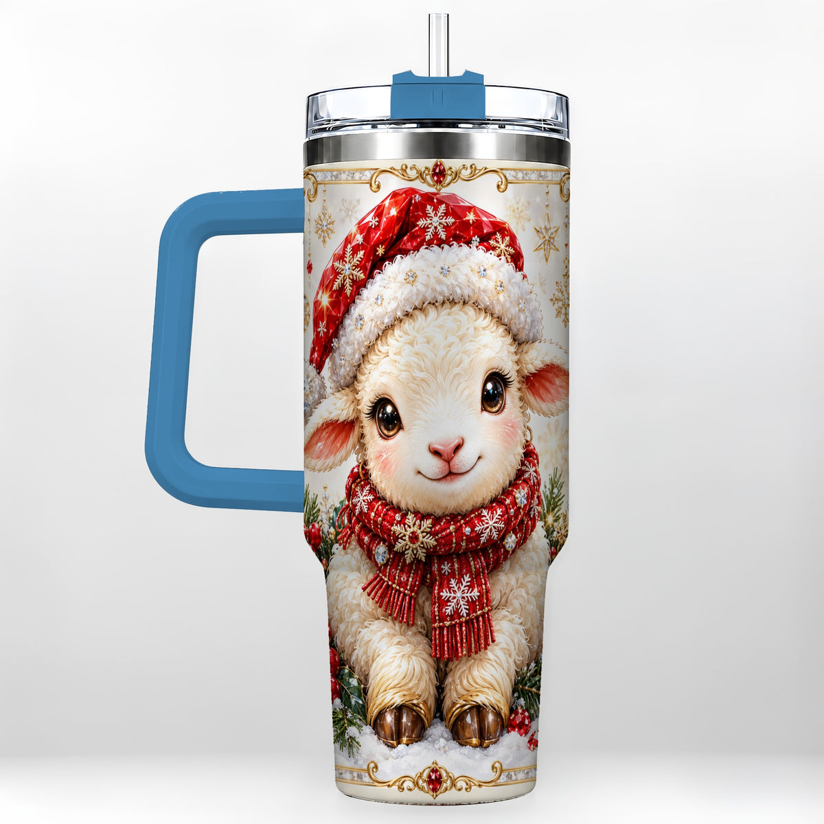 #pl[40oz|Blue] Jeweled Christmas Lamb 40oz Tumbler with Handle, Ruby Holiday Sheep