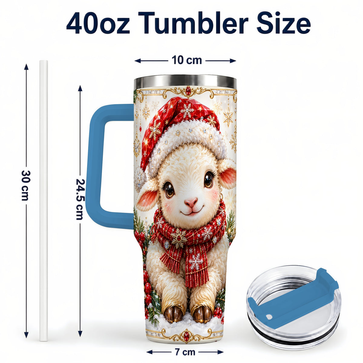 #pl[40oz|Blue] Jeweled Christmas Lamb 40oz Tumbler with Handle, Ruby Holiday Sheep