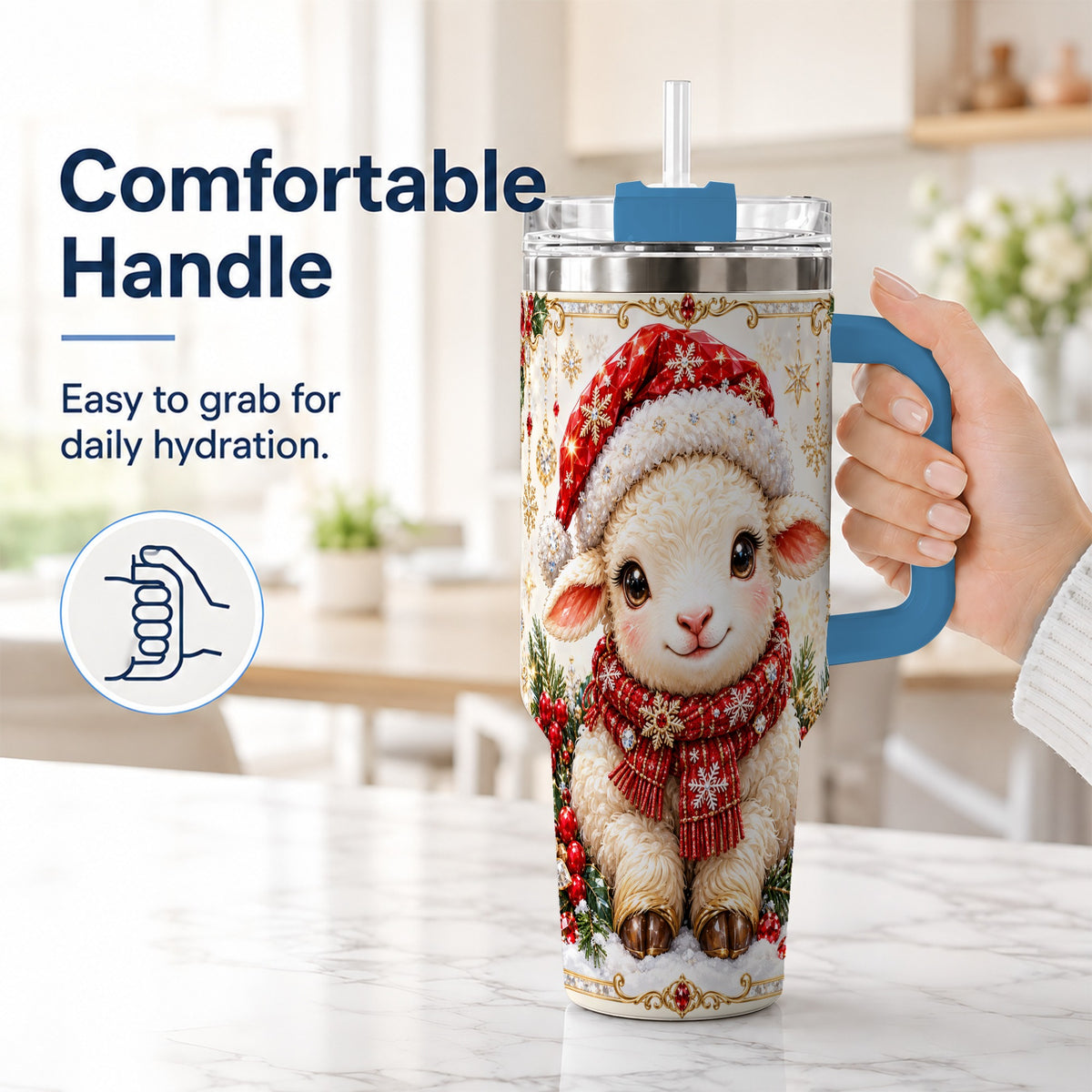 #pl[40oz|Blue] Jeweled Christmas Lamb 40oz Tumbler with Handle, Ruby Holiday Sheep