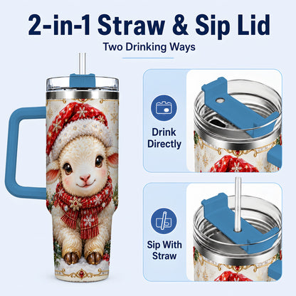 #pl[40oz|Blue] Jeweled Christmas Lamb 40oz Tumbler with Handle, Ruby Holiday Sheep