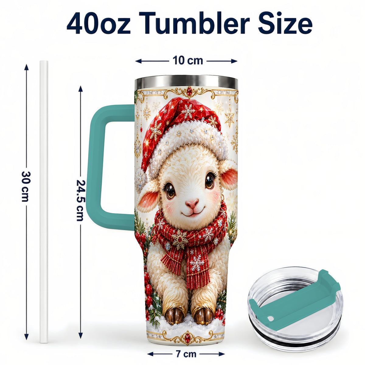 #pl[40oz|Green] Jeweled Christmas Lamb 40oz Tumbler with Handle, Ruby Holiday Sheep