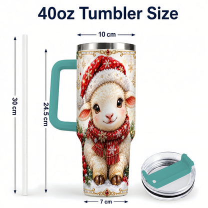 #pl[40oz|Green] Jeweled Christmas Lamb 40oz Tumbler with Handle, Ruby Holiday Sheep