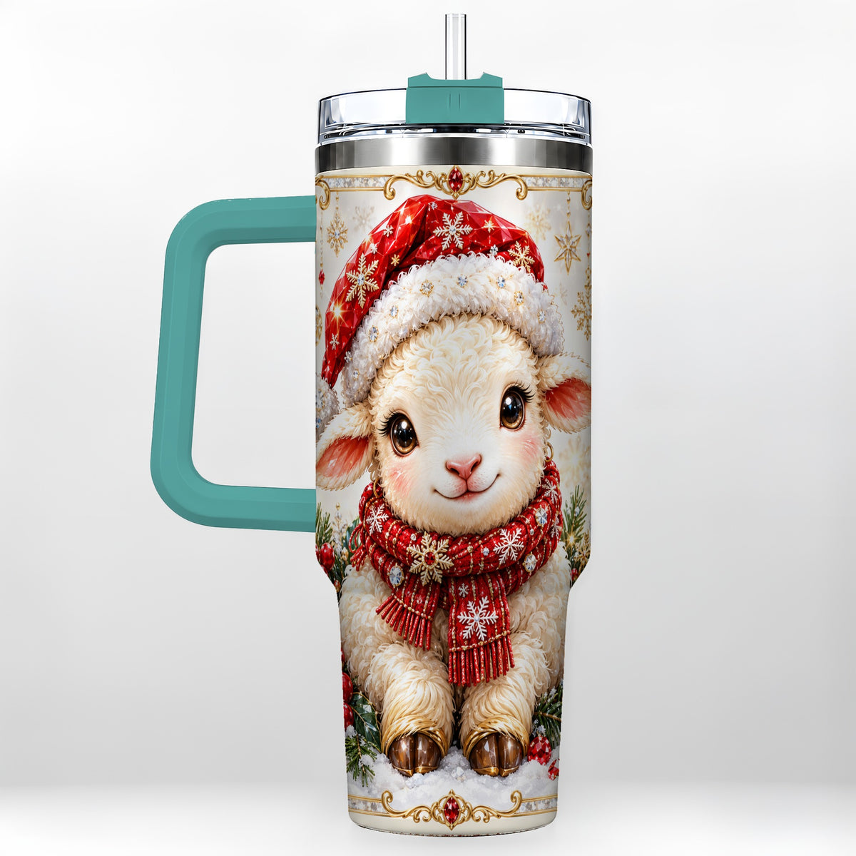 #pl[40oz|Green] Jeweled Christmas Lamb 40oz Tumbler with Handle, Ruby Holiday Sheep