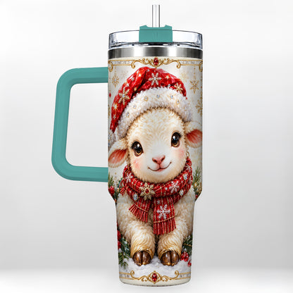 #pl[40oz|Green] Jeweled Christmas Lamb 40oz Tumbler with Handle, Ruby Holiday Sheep