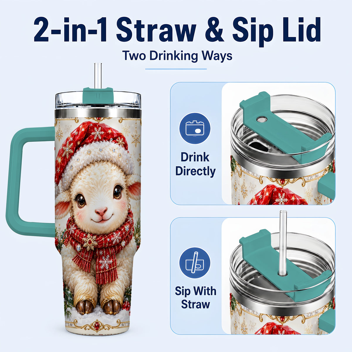 #pl[40oz|Green] Jeweled Christmas Lamb 40oz Tumbler with Handle, Ruby Holiday Sheep