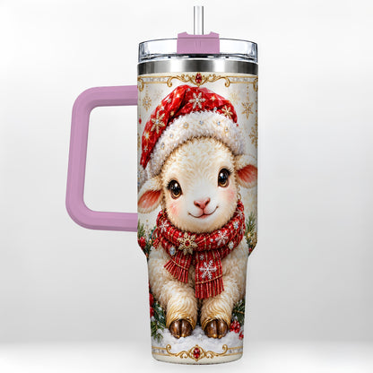 #pl[40oz|Pink] Jeweled Christmas Lamb 40oz Tumbler with Handle, Ruby Holiday Sheep