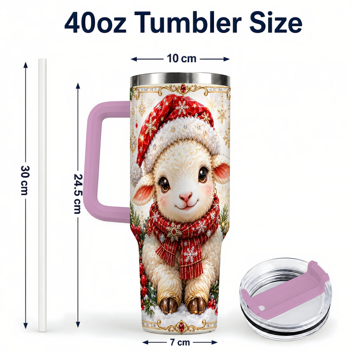 #pl[40oz|Pink] Jeweled Christmas Lamb 40oz Tumbler with Handle, Ruby Holiday Sheep