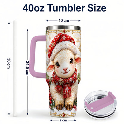 #pl[40oz|Pink] Jeweled Christmas Lamb 40oz Tumbler with Handle, Ruby Holiday Sheep
