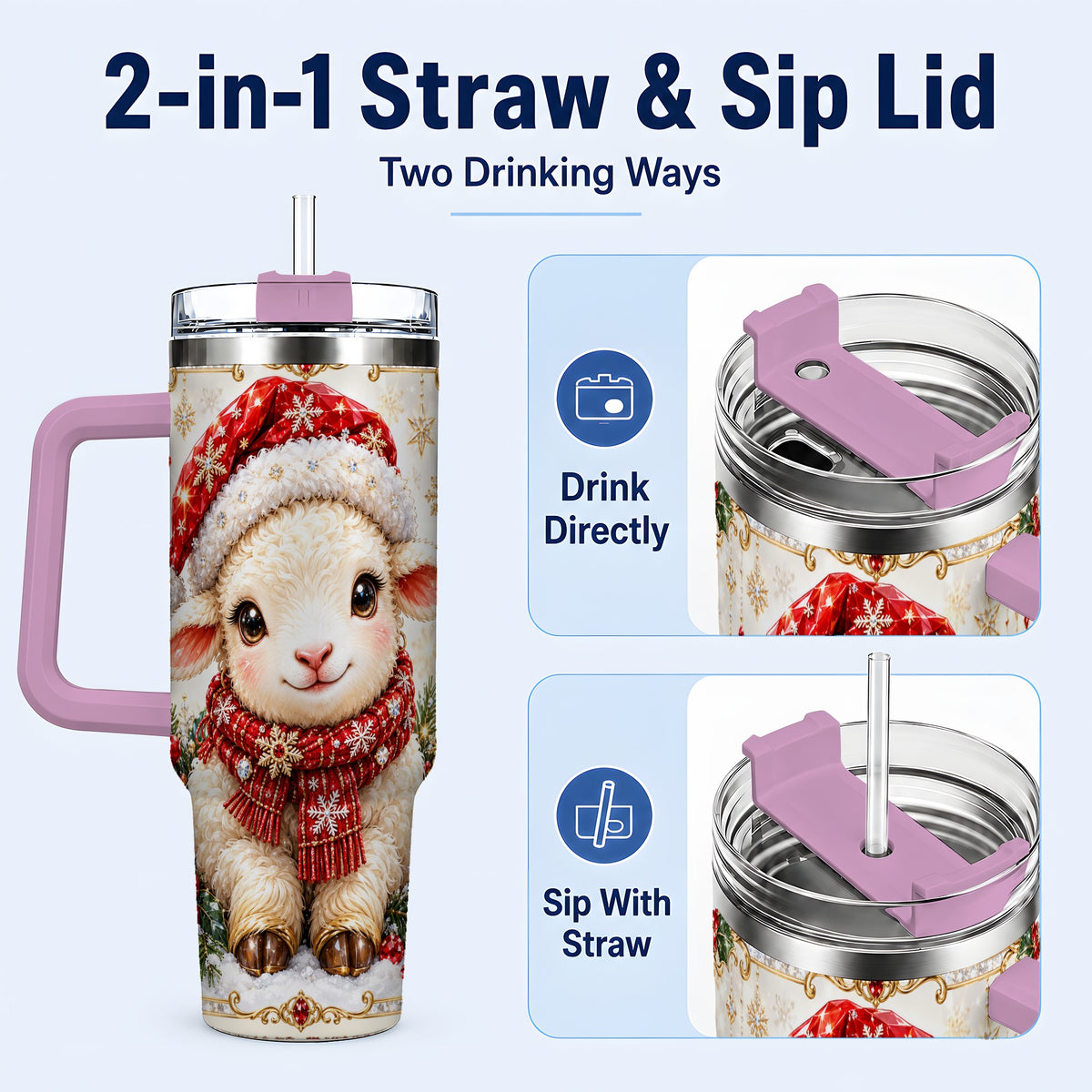 #pl[40oz|Pink] Jeweled Christmas Lamb 40oz Tumbler with Handle, Ruby Holiday Sheep