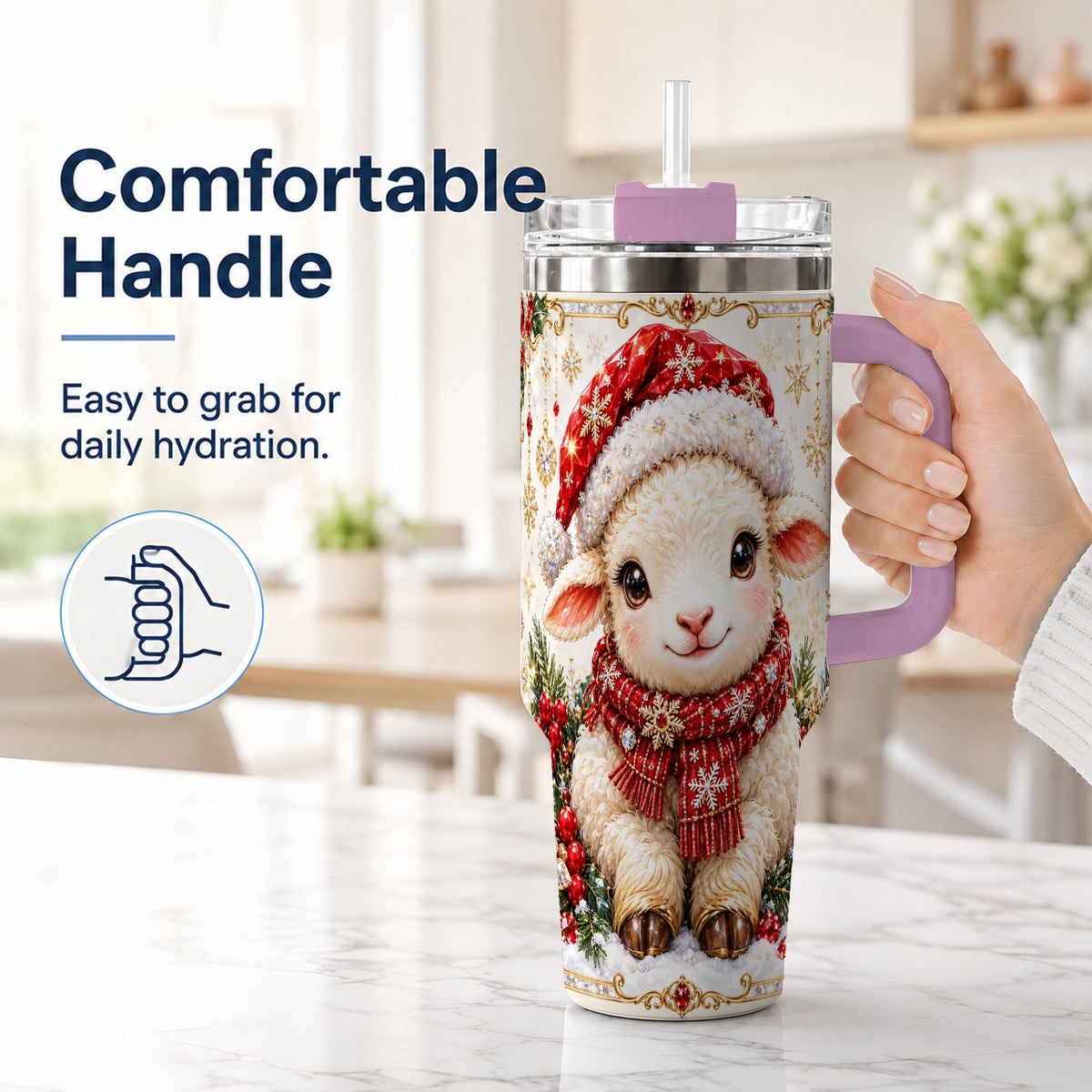 #pl[40oz|Pink] Jeweled Christmas Lamb 40oz Tumbler with Handle, Ruby Holiday Sheep
