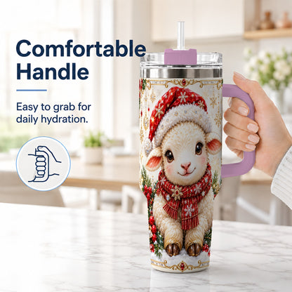 #pl[40oz|Pink] Jeweled Christmas Lamb 40oz Tumbler with Handle, Ruby Holiday Sheep