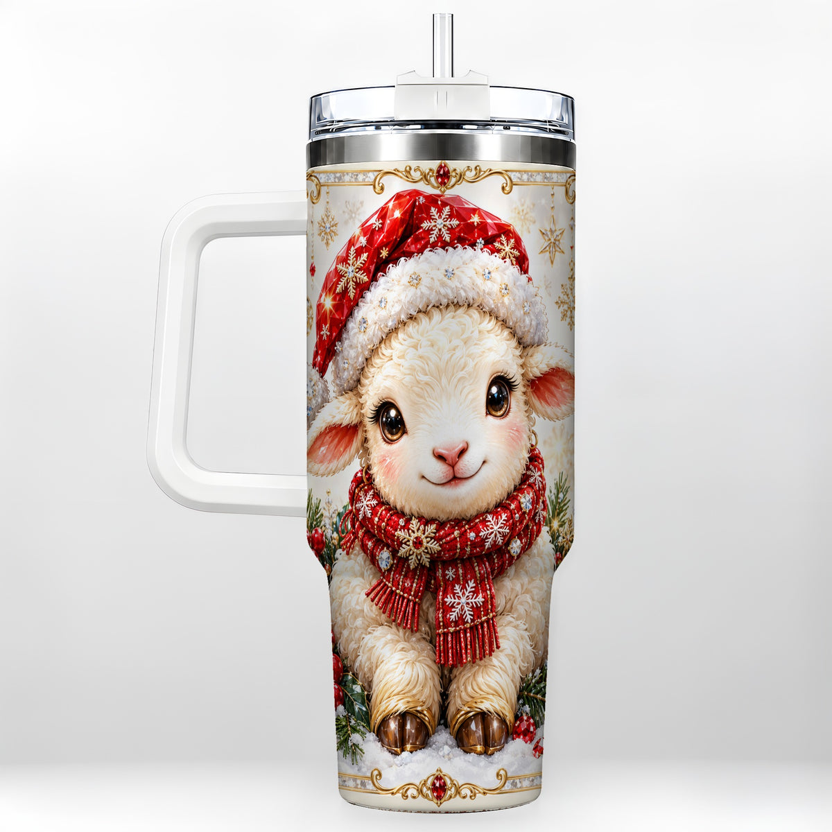 Jeweled Christmas Lamb 40oz Tumbler with Handle, Ruby Holiday Sheep