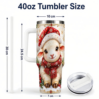 #pl[40oz|White] Jeweled Christmas Lamb 40oz Tumbler with Handle, Ruby Holiday Sheep
