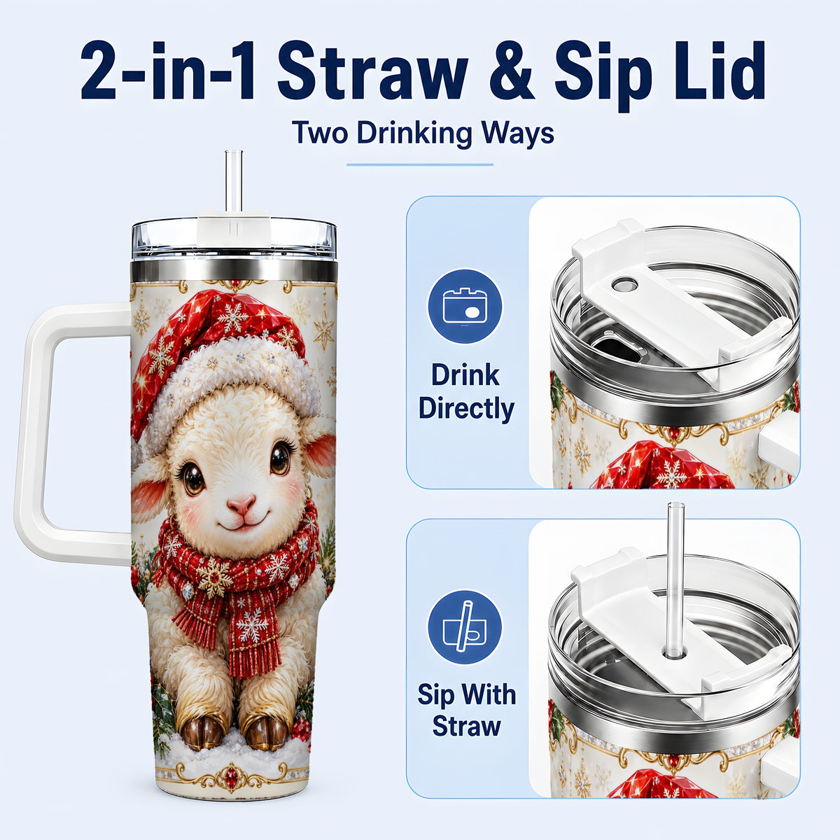 #pl[40oz|White] Jeweled Christmas Lamb 40oz Tumbler with Handle, Ruby Holiday Sheep
