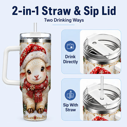 #pl[40oz|White] Jeweled Christmas Lamb 40oz Tumbler with Handle, Ruby Holiday Sheep