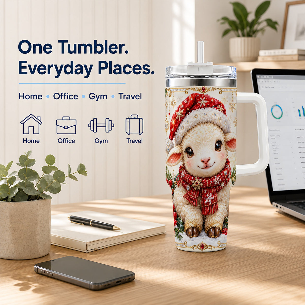 Jeweled Christmas Lamb 40oz Tumbler with Handle, Ruby Holiday Sheep