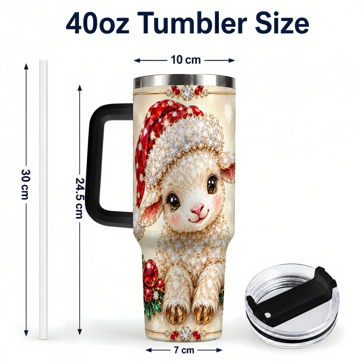 #pl[40oz|Black] Crystal Christmas Lamb 40oz Tumbler with Handle, Gemstone Sheep Art