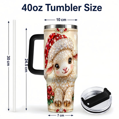 #pl[40oz|Black] Crystal Christmas Lamb 40oz Tumbler with Handle, Gemstone Sheep Art