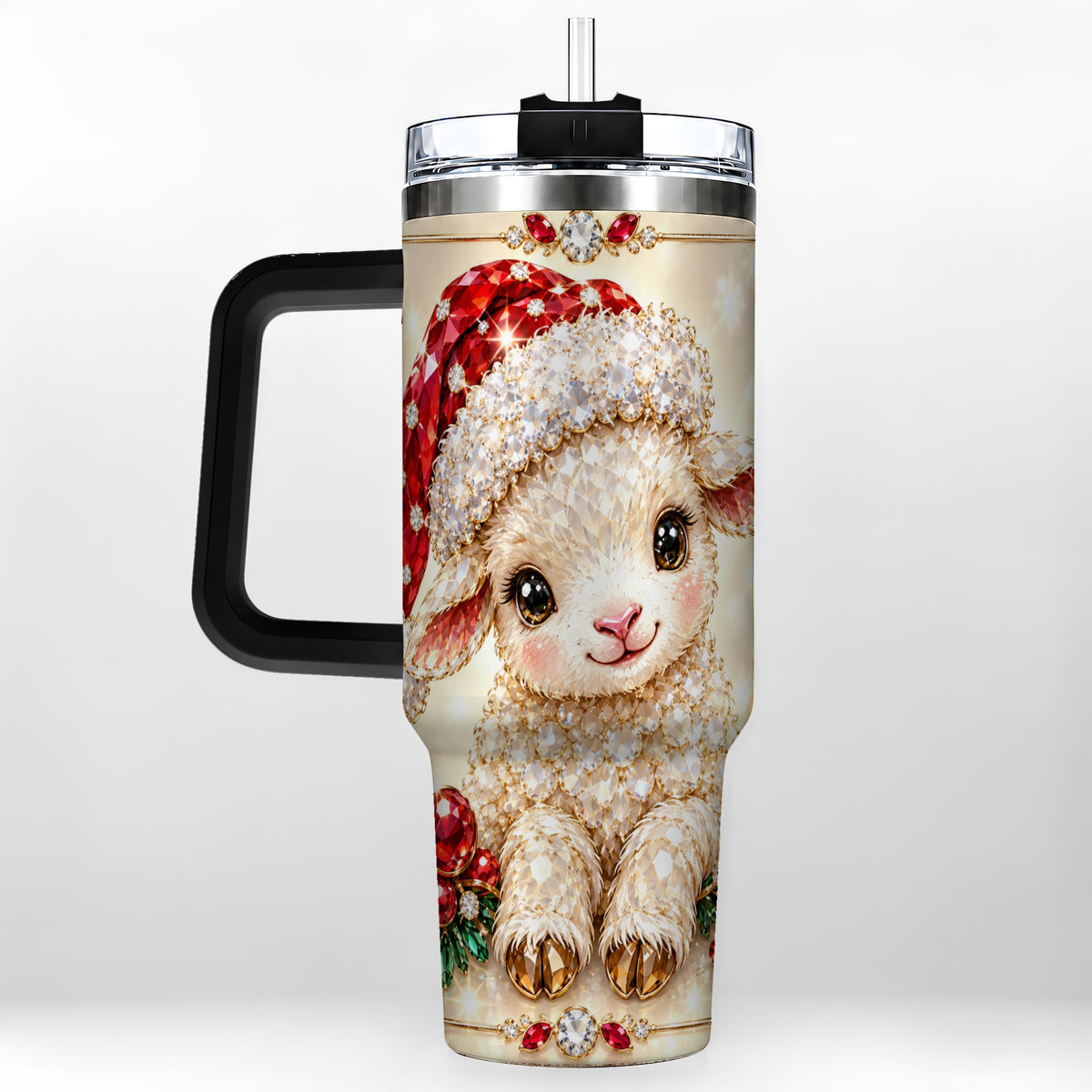 #pl[40oz|Black] Crystal Christmas Lamb 40oz Tumbler with Handle, Gemstone Sheep Art