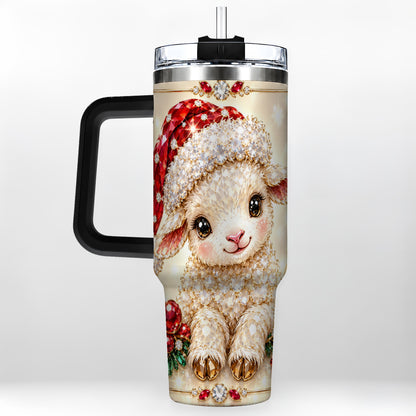 #pl[40oz|Black] Crystal Christmas Lamb 40oz Tumbler with Handle, Gemstone Sheep Art