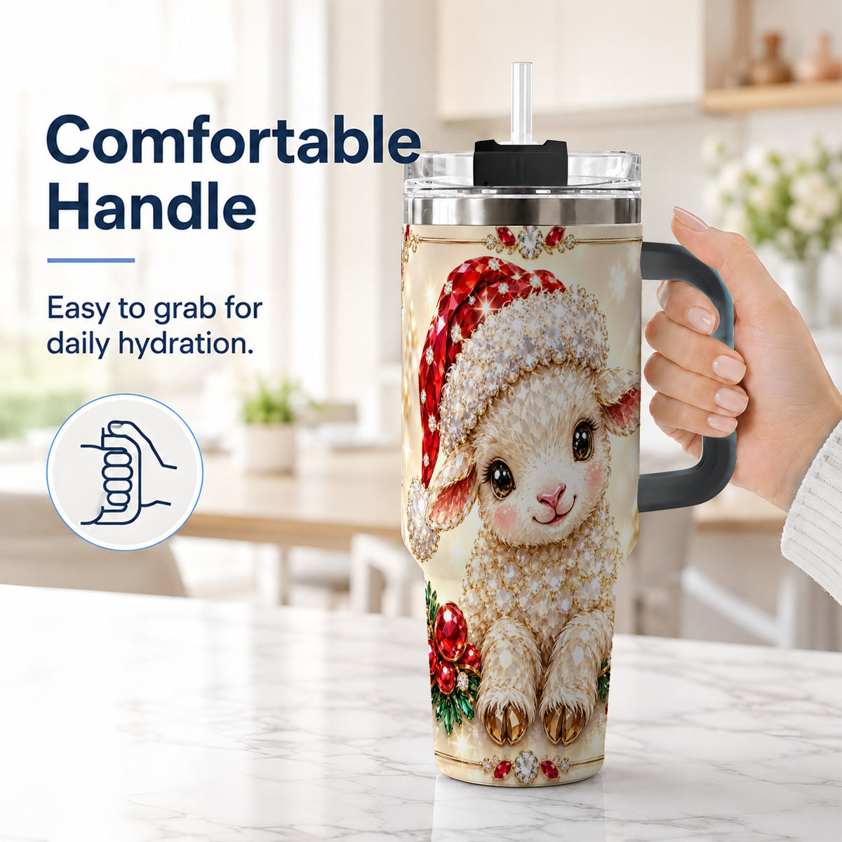 #pl[40oz|Black] Crystal Christmas Lamb 40oz Tumbler with Handle, Gemstone Sheep Art