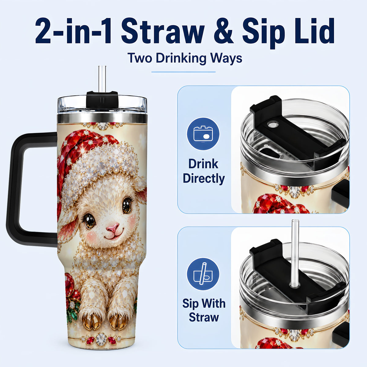 #pl[40oz|Black] Crystal Christmas Lamb 40oz Tumbler with Handle, Gemstone Sheep Art