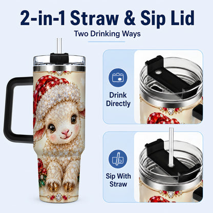 #pl[40oz|Black] Crystal Christmas Lamb 40oz Tumbler with Handle, Gemstone Sheep Art