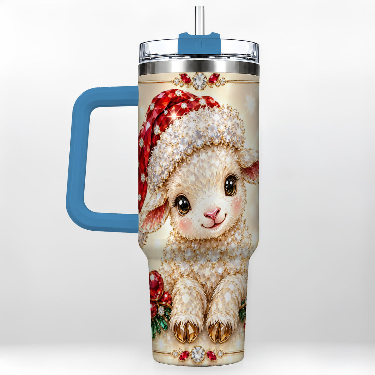 #pl[40oz|Blue] Crystal Christmas Lamb 40oz Tumbler with Handle, Gemstone Sheep Art