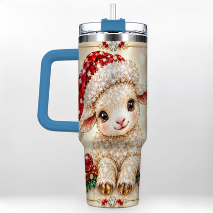 #pl[40oz|Blue] Crystal Christmas Lamb 40oz Tumbler with Handle, Gemstone Sheep Art
