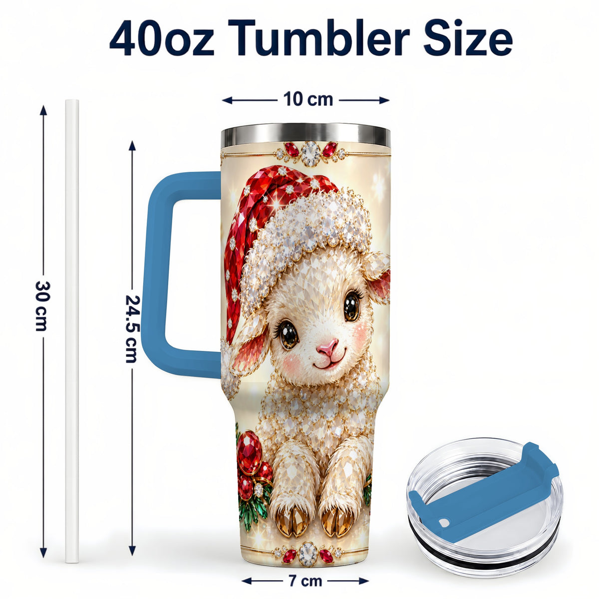 #pl[40oz|Blue] Crystal Christmas Lamb 40oz Tumbler with Handle, Gemstone Sheep Art