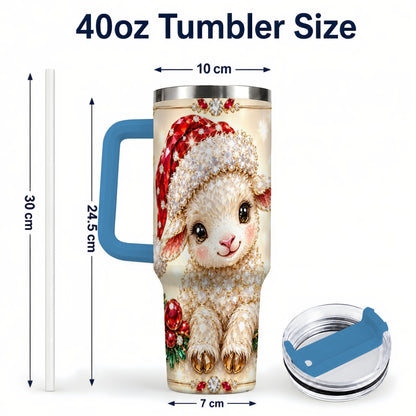 #pl[40oz|Blue] Crystal Christmas Lamb 40oz Tumbler with Handle, Gemstone Sheep Art