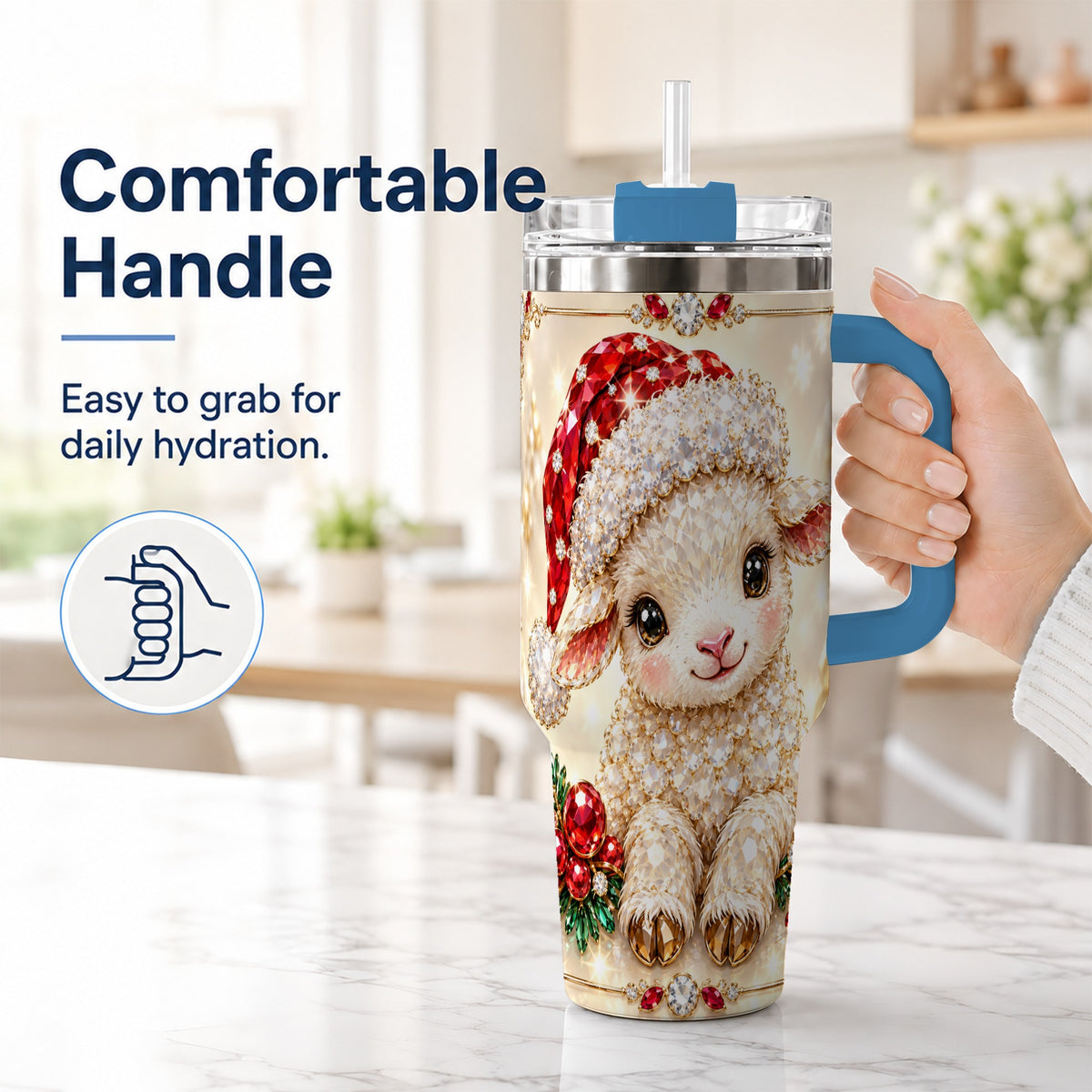 #pl[40oz|Blue] Crystal Christmas Lamb 40oz Tumbler with Handle, Gemstone Sheep Art