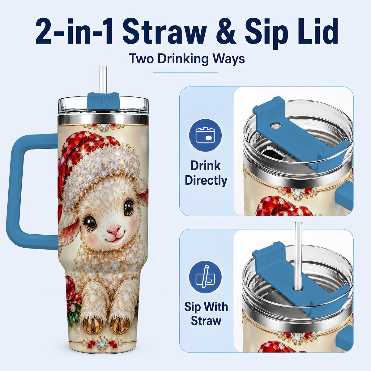 #pl[40oz|Blue] Crystal Christmas Lamb 40oz Tumbler with Handle, Gemstone Sheep Art