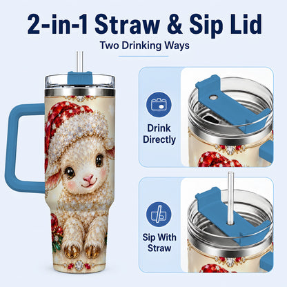 #pl[40oz|Blue] Crystal Christmas Lamb 40oz Tumbler with Handle, Gemstone Sheep Art