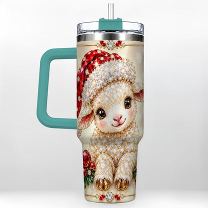 #pl[40oz|Green] Crystal Christmas Lamb 40oz Tumbler with Handle, Gemstone Sheep Art