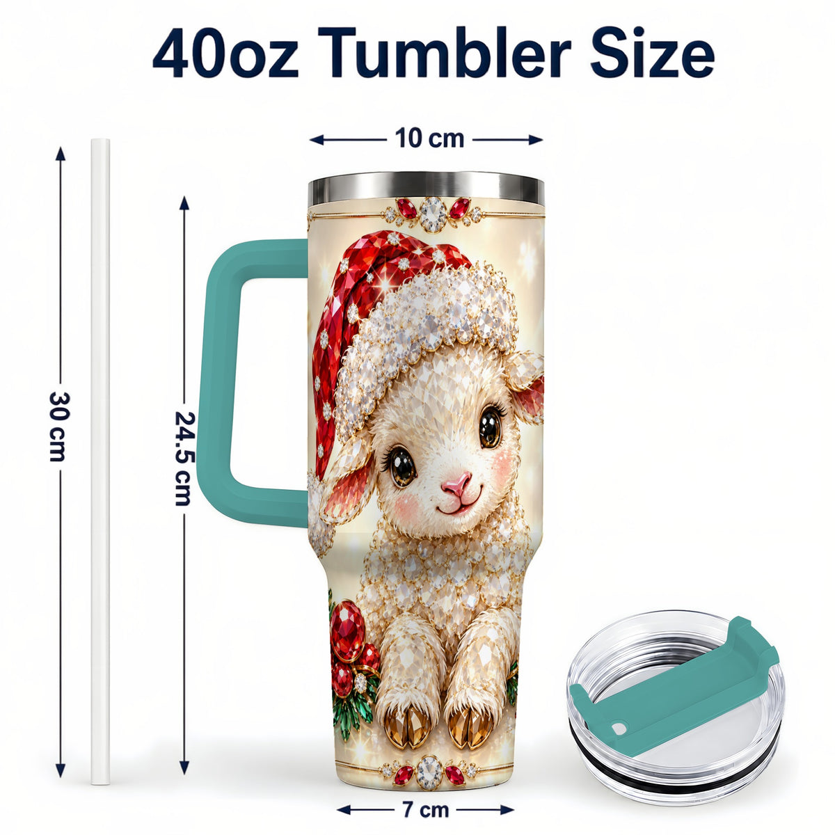#pl[40oz|Green] Crystal Christmas Lamb 40oz Tumbler with Handle, Gemstone Sheep Art
