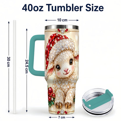 #pl[40oz|Green] Crystal Christmas Lamb 40oz Tumbler with Handle, Gemstone Sheep Art