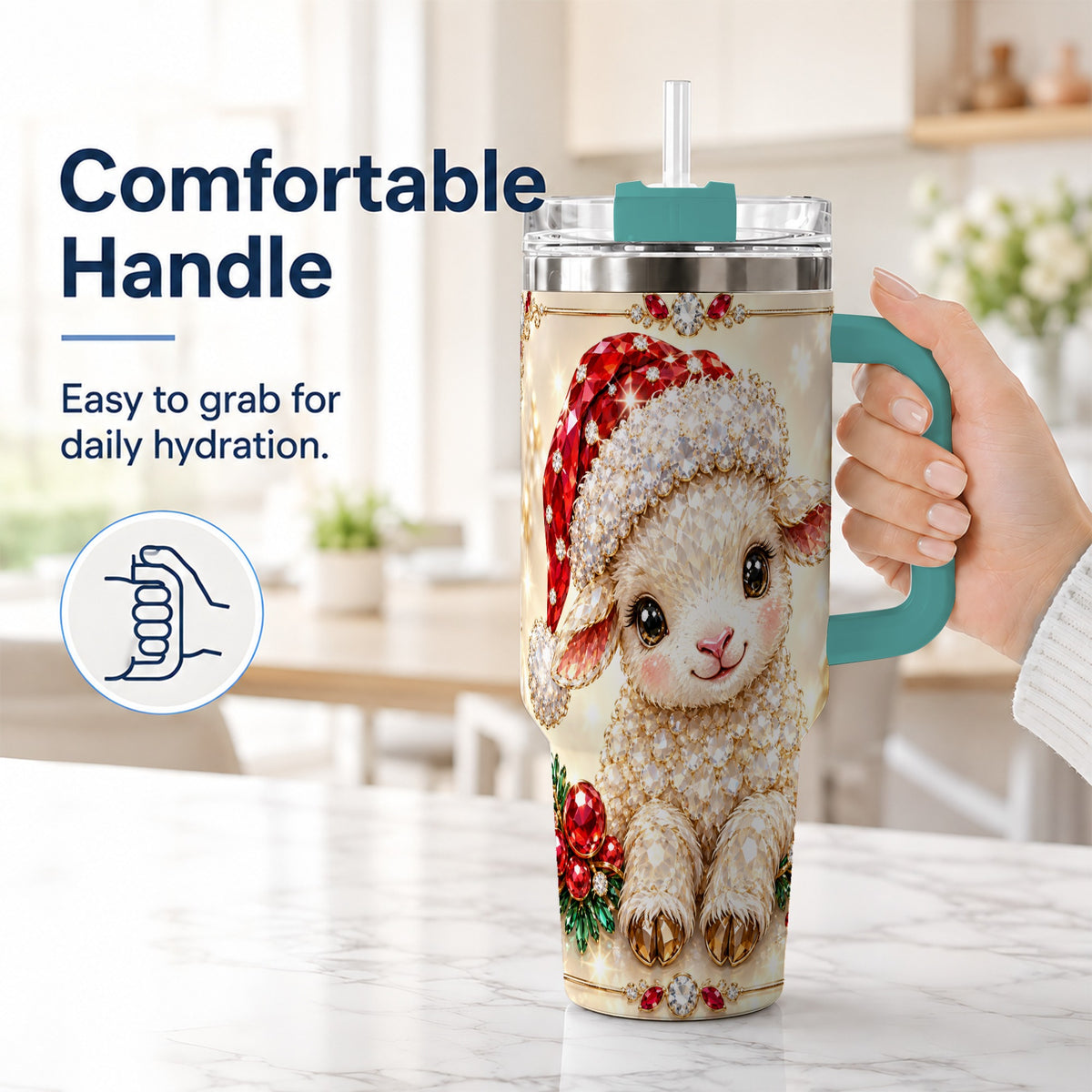 #pl[40oz|Green] Crystal Christmas Lamb 40oz Tumbler with Handle, Gemstone Sheep Art
