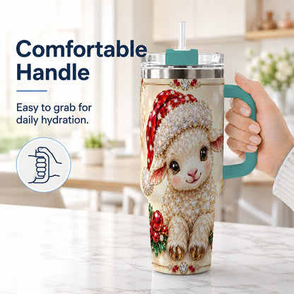 #pl[40oz|Green] Crystal Christmas Lamb 40oz Tumbler with Handle, Gemstone Sheep Art
