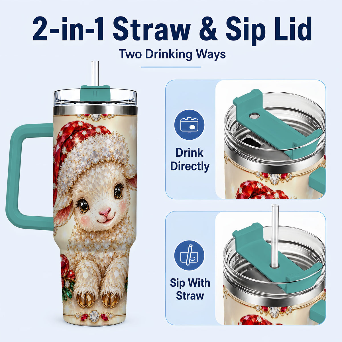#pl[40oz|Green] Crystal Christmas Lamb 40oz Tumbler with Handle, Gemstone Sheep Art