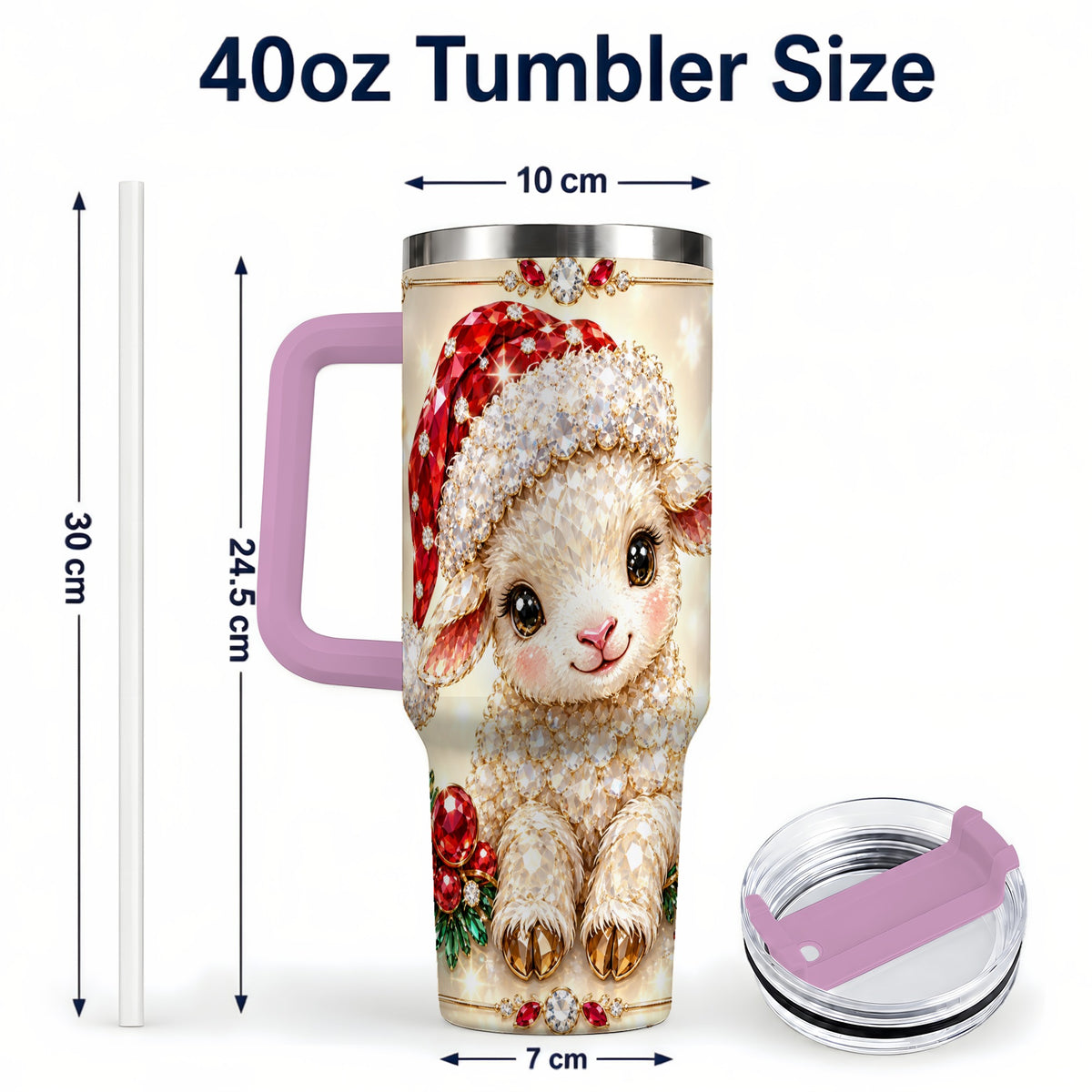 #pl[40oz|Pink] Crystal Christmas Lamb 40oz Tumbler with Handle, Gemstone Sheep Art