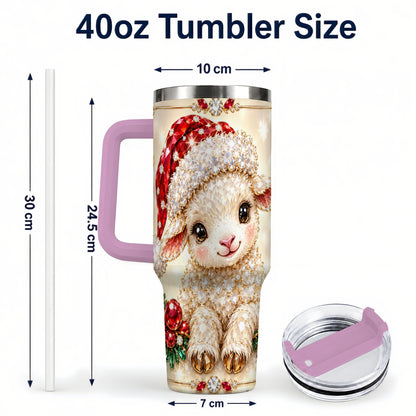 #pl[40oz|Pink] Crystal Christmas Lamb 40oz Tumbler with Handle, Gemstone Sheep Art