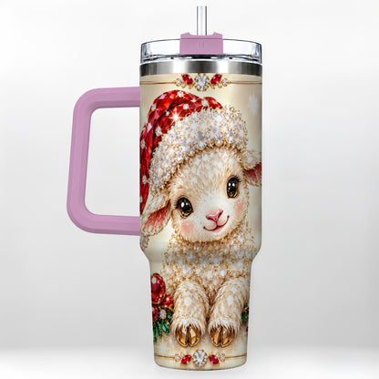 #pl[40oz|Pink] Crystal Christmas Lamb 40oz Tumbler with Handle, Gemstone Sheep Art
