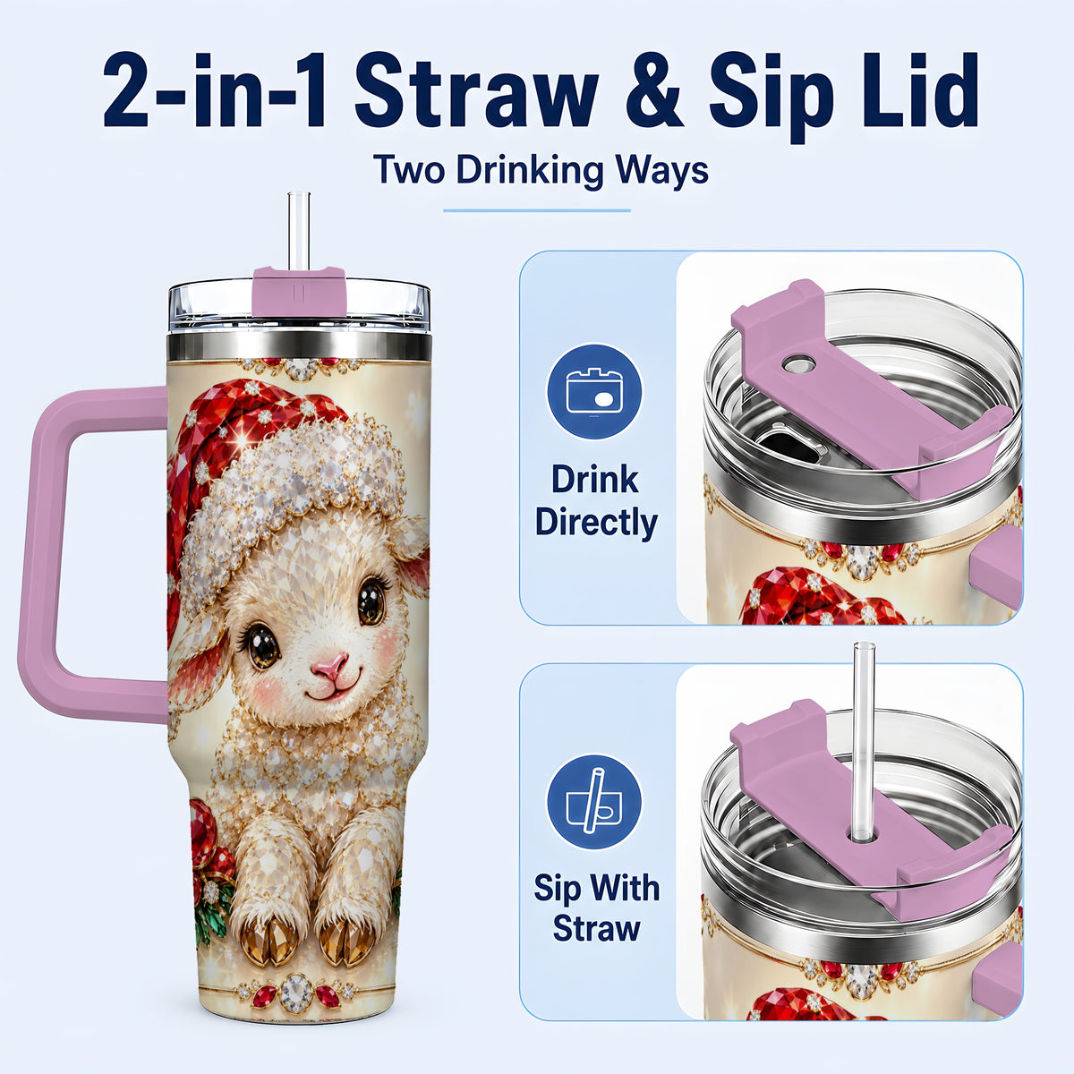 #pl[40oz|Pink] Crystal Christmas Lamb 40oz Tumbler with Handle, Gemstone Sheep Art