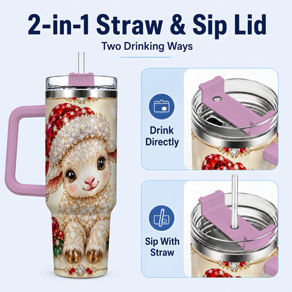 #pl[40oz|Pink] Crystal Christmas Lamb 40oz Tumbler with Handle, Gemstone Sheep Art