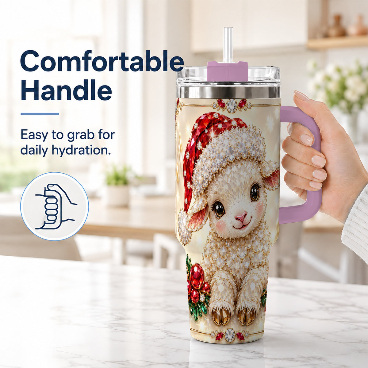 #pl[40oz|Pink] Crystal Christmas Lamb 40oz Tumbler with Handle, Gemstone Sheep Art